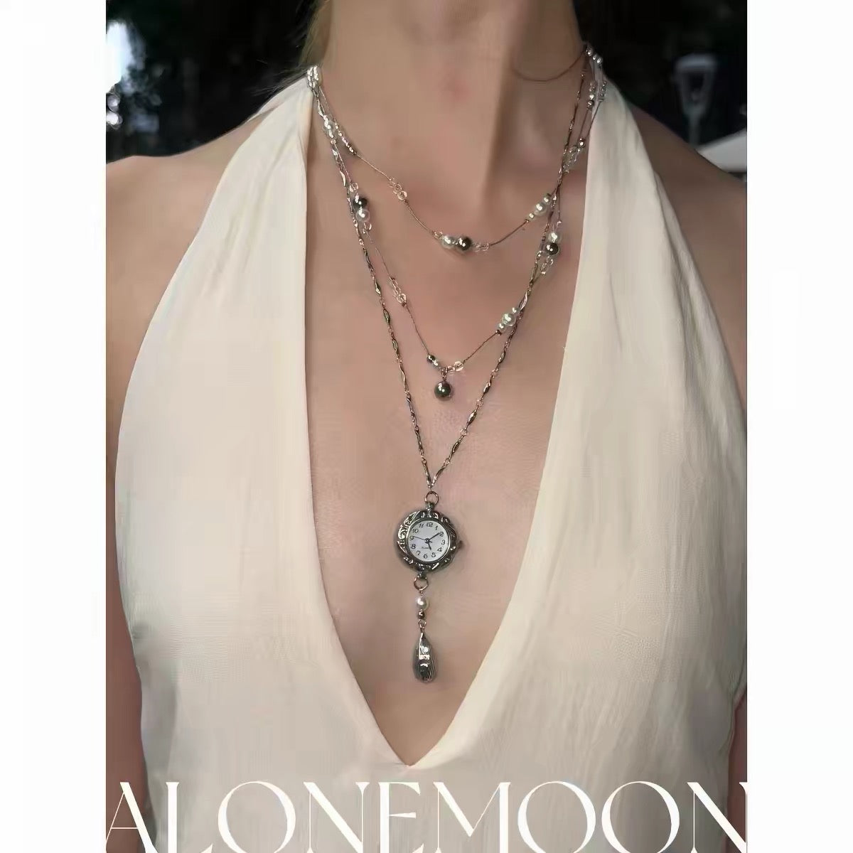 The Tidal Hour — Silver Watch Choker & Layered Pearl Chains