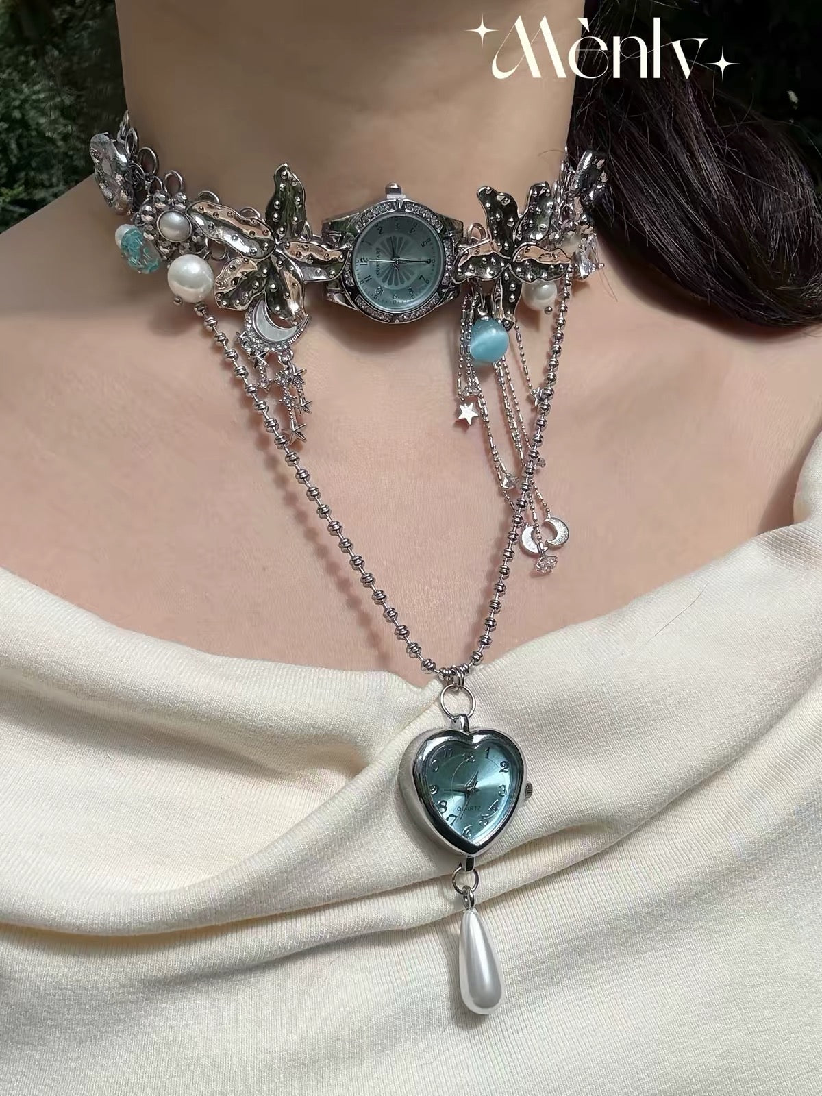 Vintage Clock Pendant Tassel Necklace – Antiqued Pearl Charm