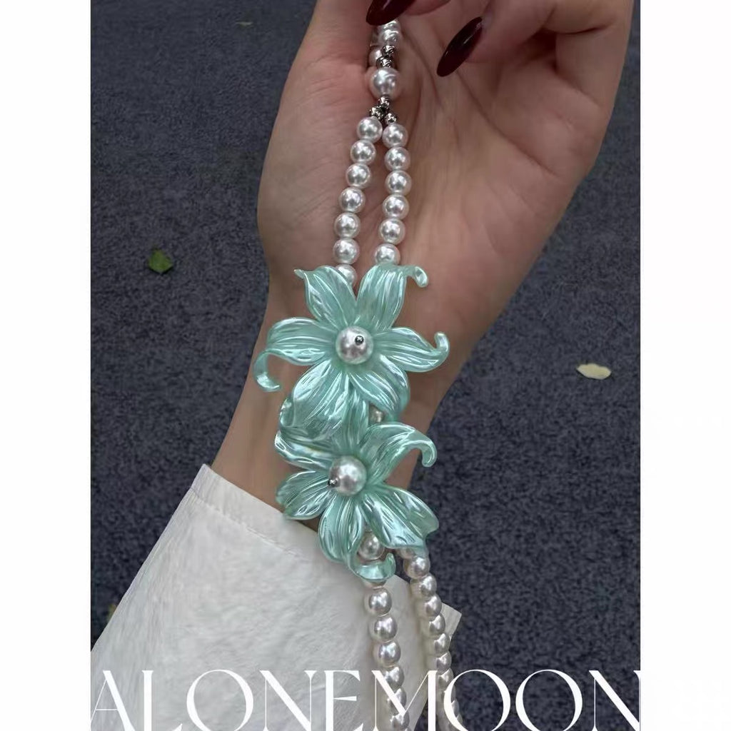 Mint Flower Choker & Ring Set — Double-Strand Pearl