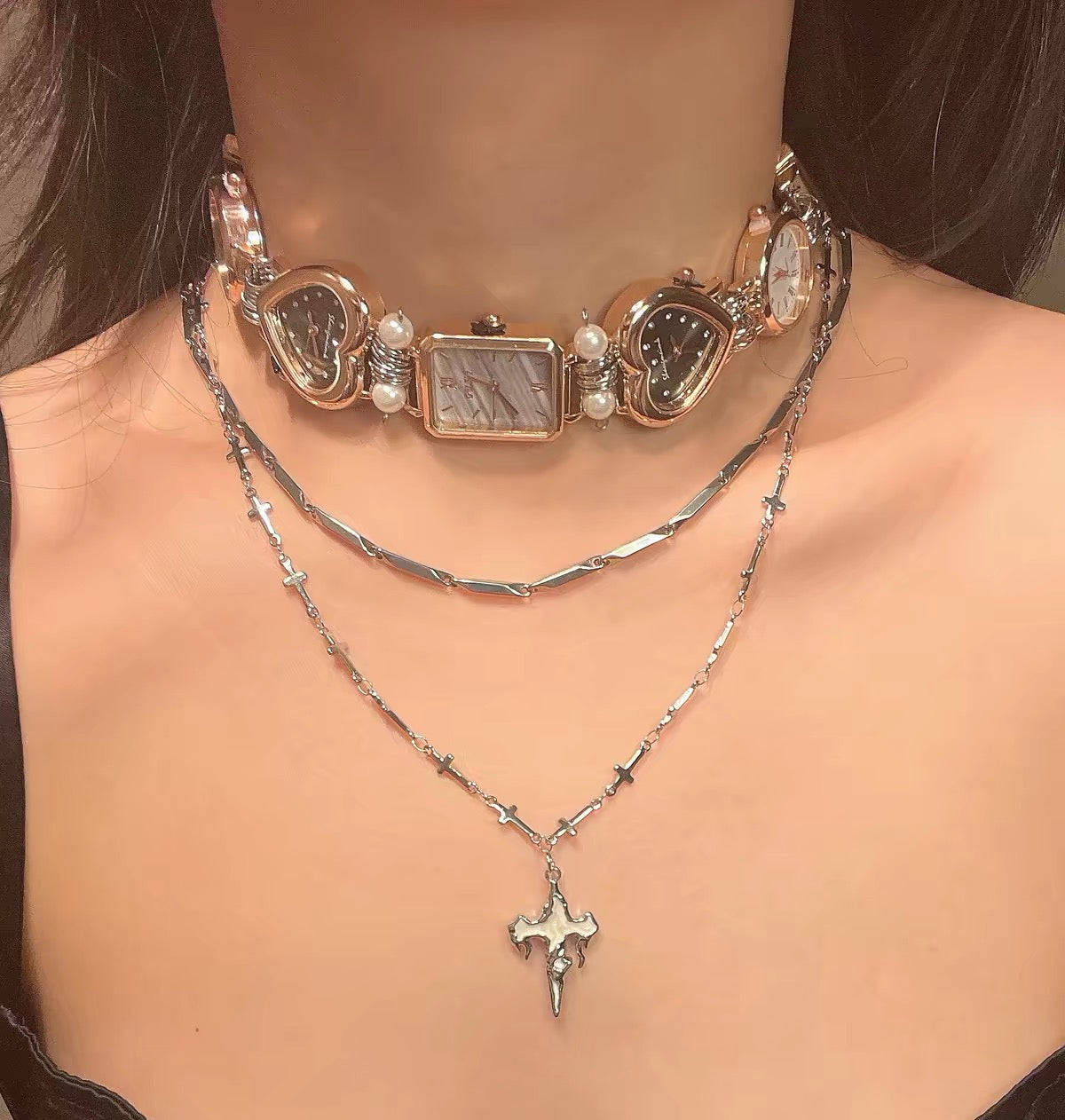 The Silver Hour — Watch Choker & Cross Chain Set