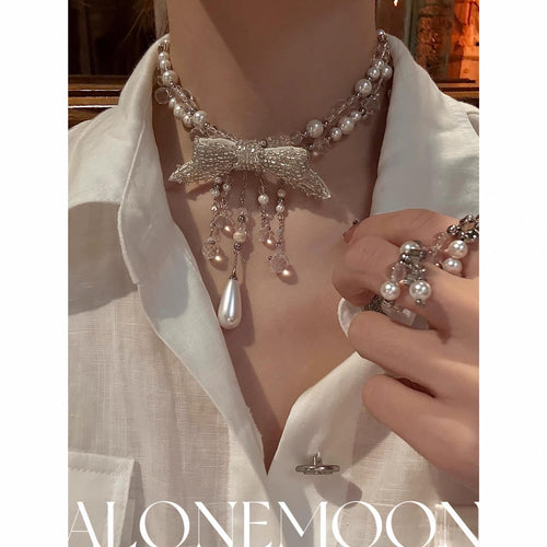 Beaded Bow Choker & Ring Set — Pearl and Crystal Drops