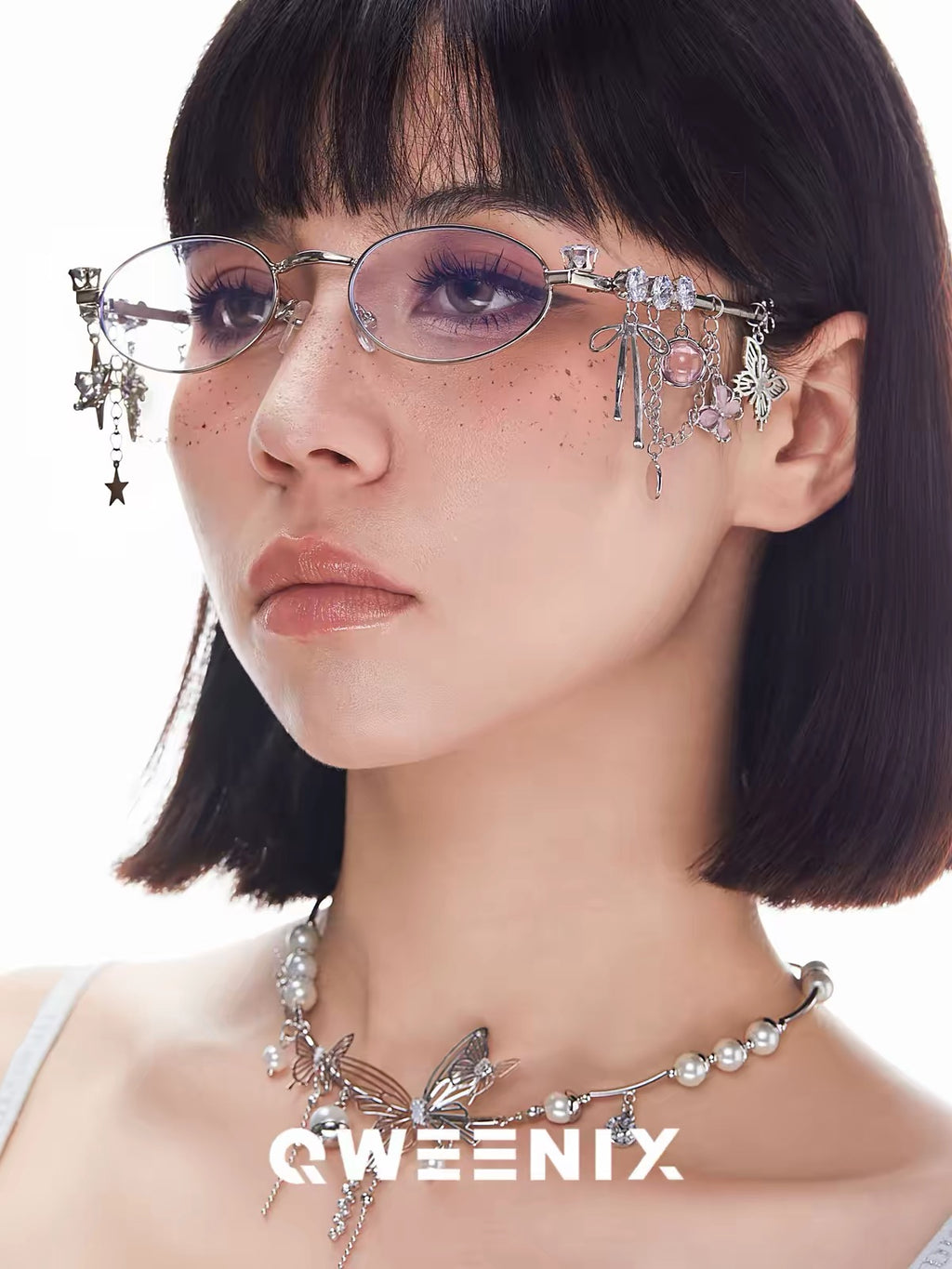 Oval Charm Sunglasses — Butterfly & Star Chain Detail