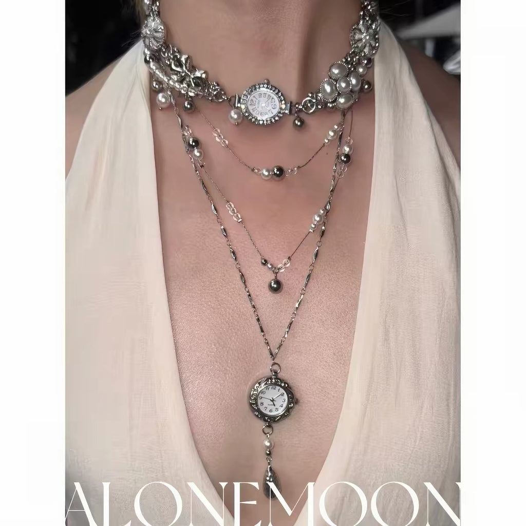 The Tidal Hour — Silver Watch Choker & Layered Pearl Chains