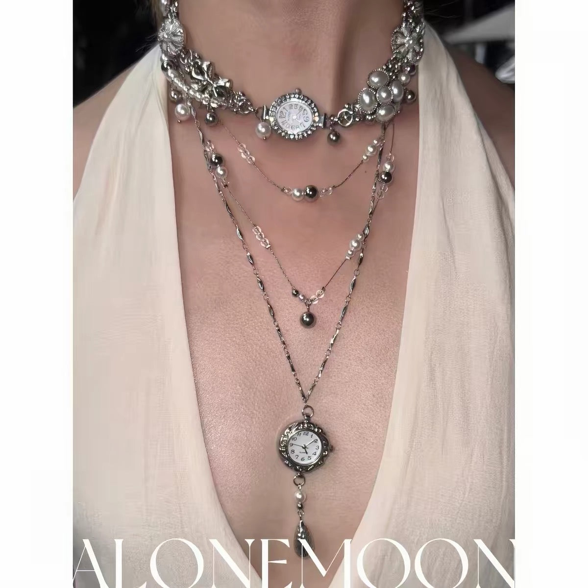The Tidal Hour — Silver Watch Choker & Layered Pearl Chains