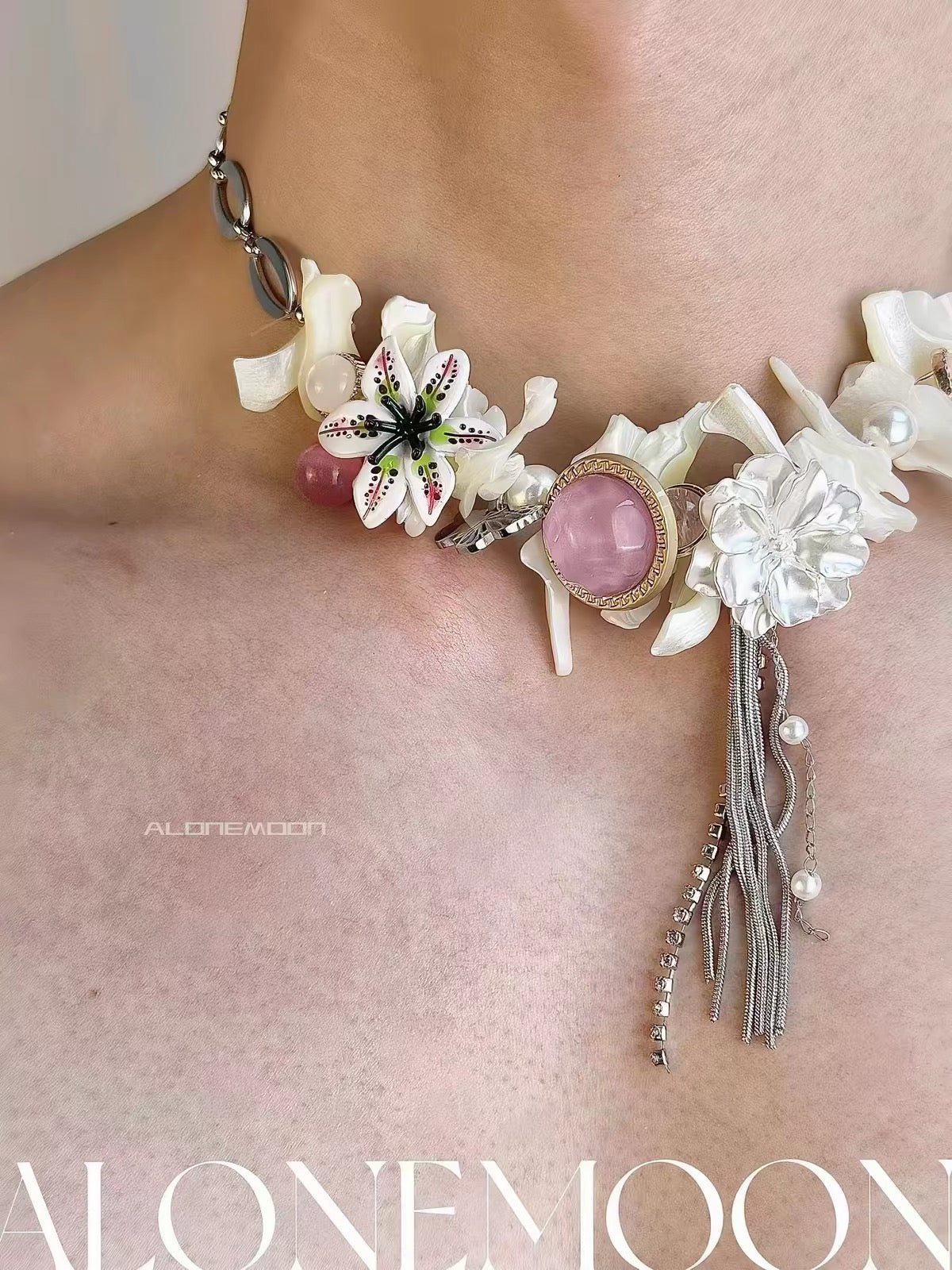 Hand-Assembled Shell Flower Choker — Enamel Lily & Pearl