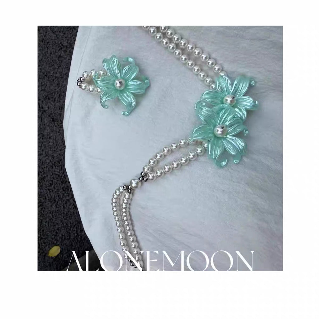 Mint Flower Choker & Ring Set — Double-Strand Pearl