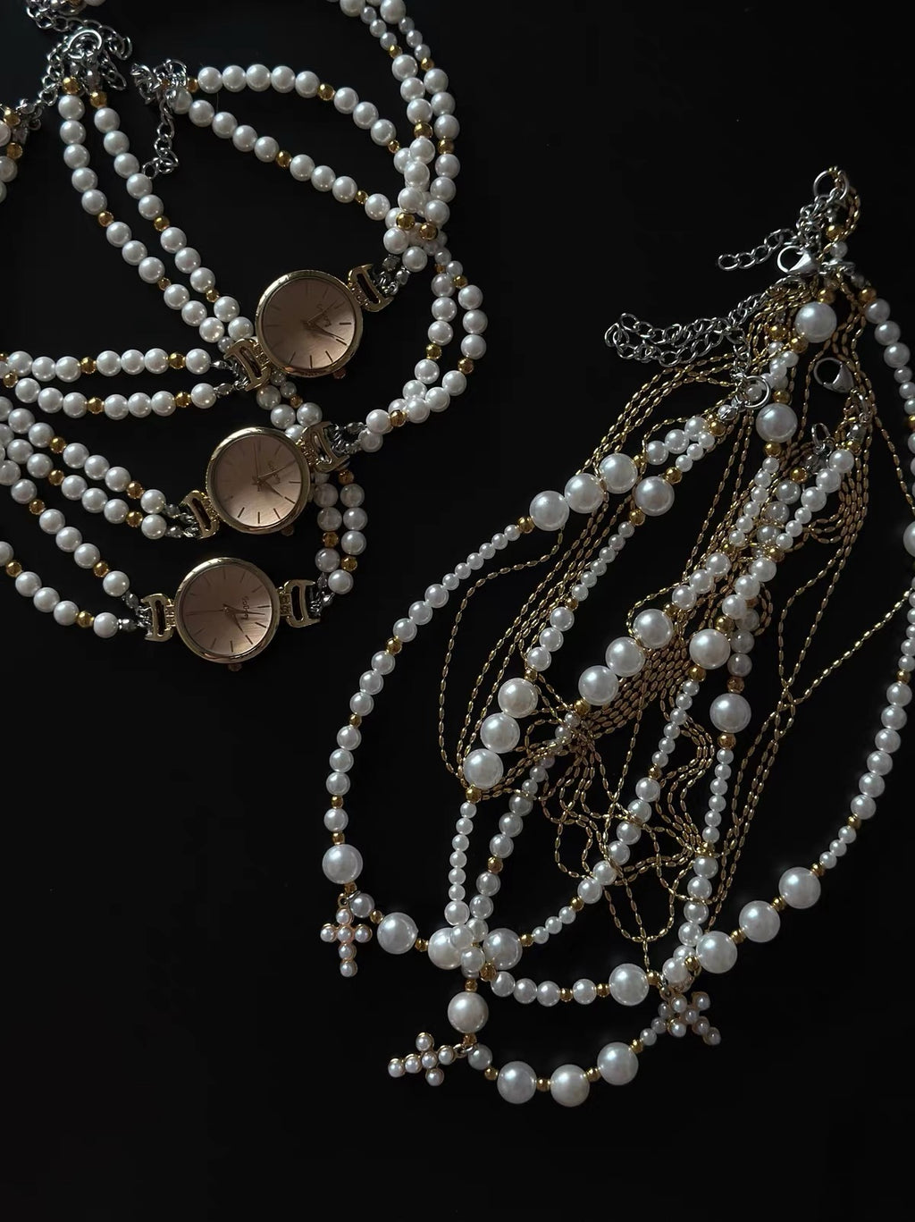 The Rosary Hour — Pearl Watch Choker & Cross Necklace