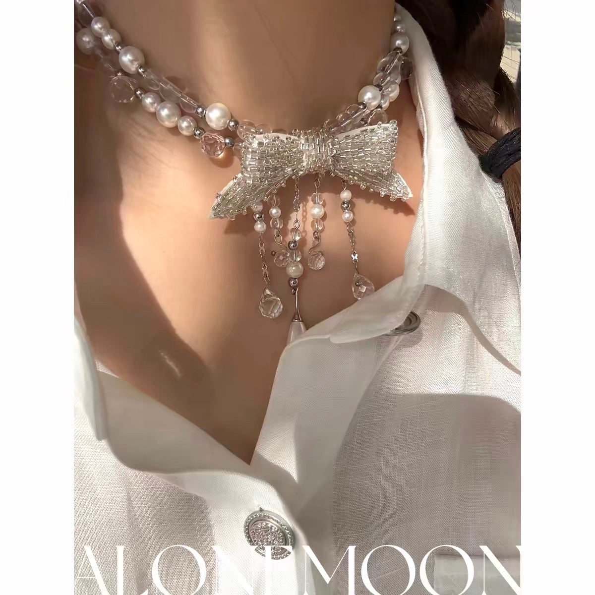 Beaded Bow Choker & Ring Set — Pearl and Crystal Drops