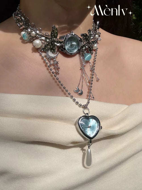 Vintage Clock Pendant Tassel Necklace – Antiqued Pearl Charm