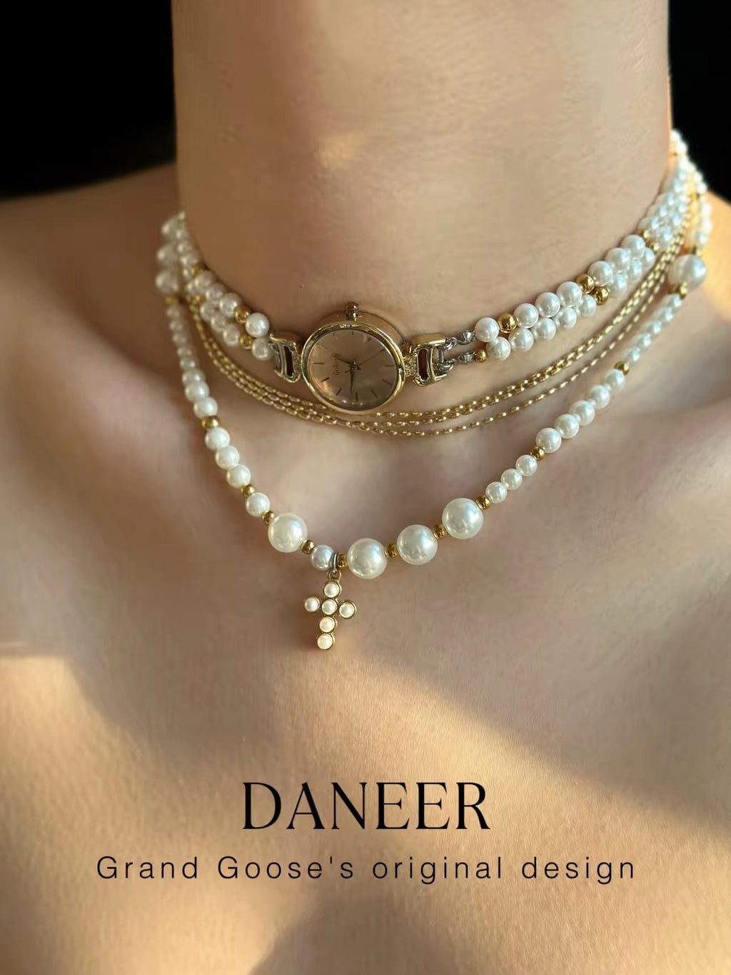 The Rosary Hour — Pearl Watch Choker & Cross Necklace