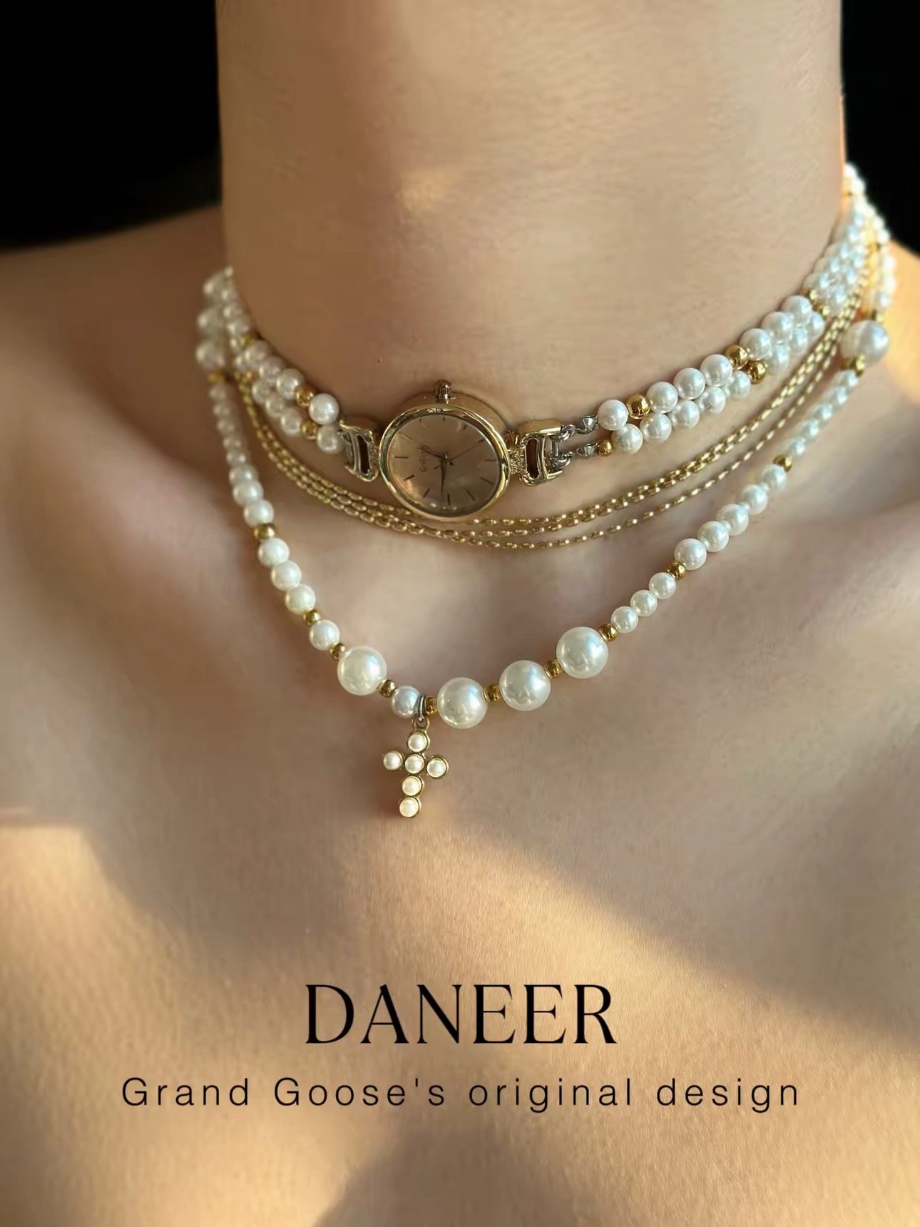 The Rosary Hour — Pearl Watch Choker & Cross Necklace