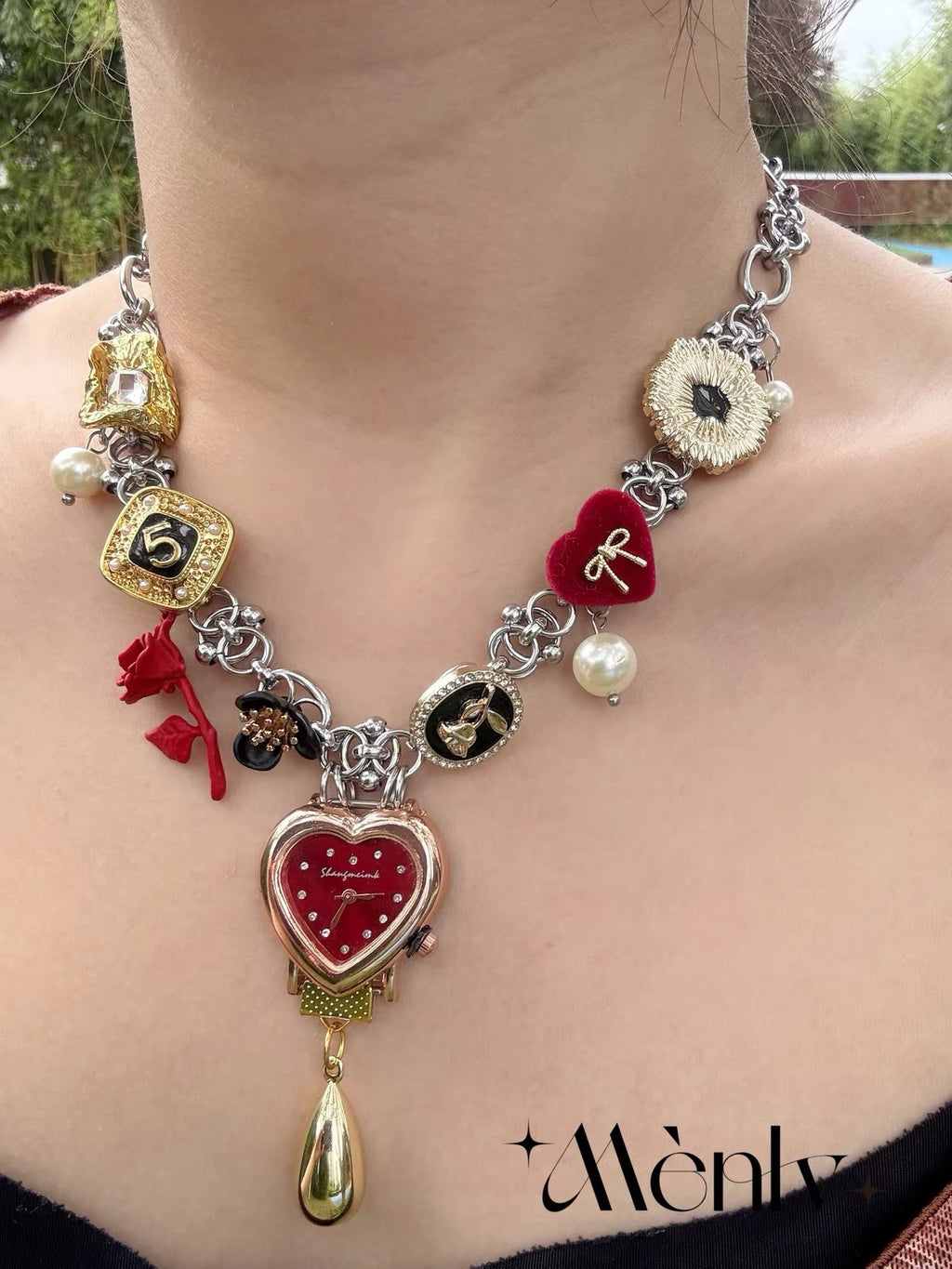 The Scarlet Hour — Vintage Charm Necklace with Heart Watch