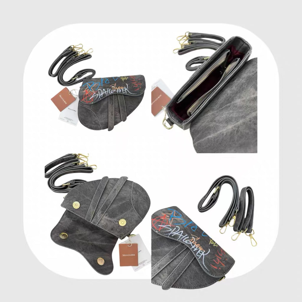 The Hour Strap Bag — Watch Face Strap Saddle Bag, Graffiti Print