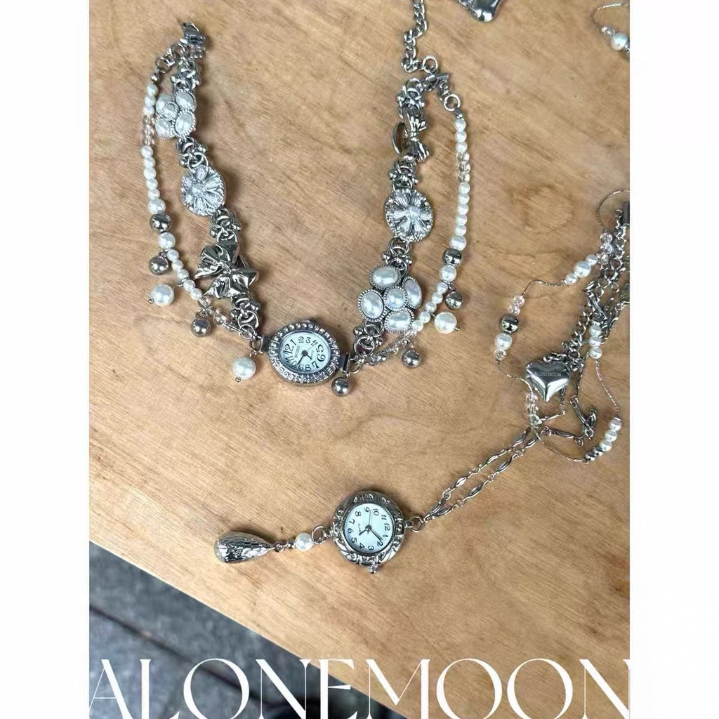 The Tidal Hour — Silver Watch Choker & Layered Pearl Chains