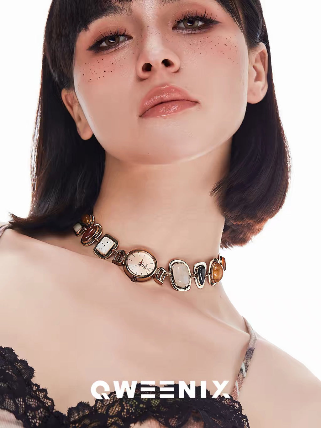 The Amber Hour — Brass Watch Choker with Stone Inlay