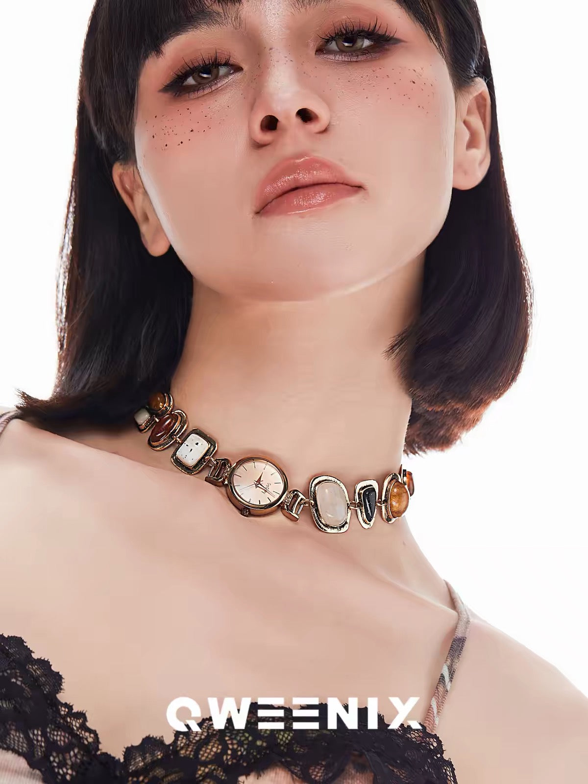 The Amber Hour — Brass Watch Choker with Stone Inlay