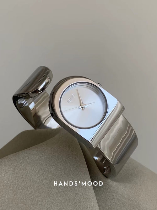 Silver Cuff Watch — Sculptural Bangle, Minimalist Dial