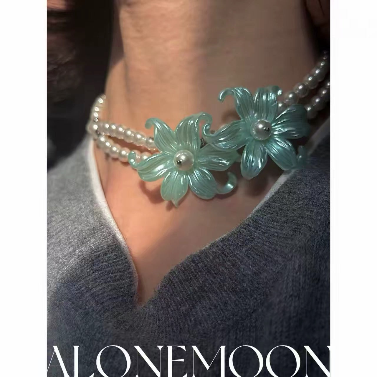 Mint Flower Choker & Ring Set — Double-Strand Pearl