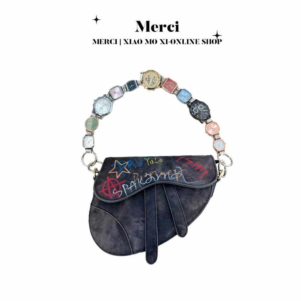 The Hour Strap Bag — Watch Face Strap Saddle Bag, Graffiti Print