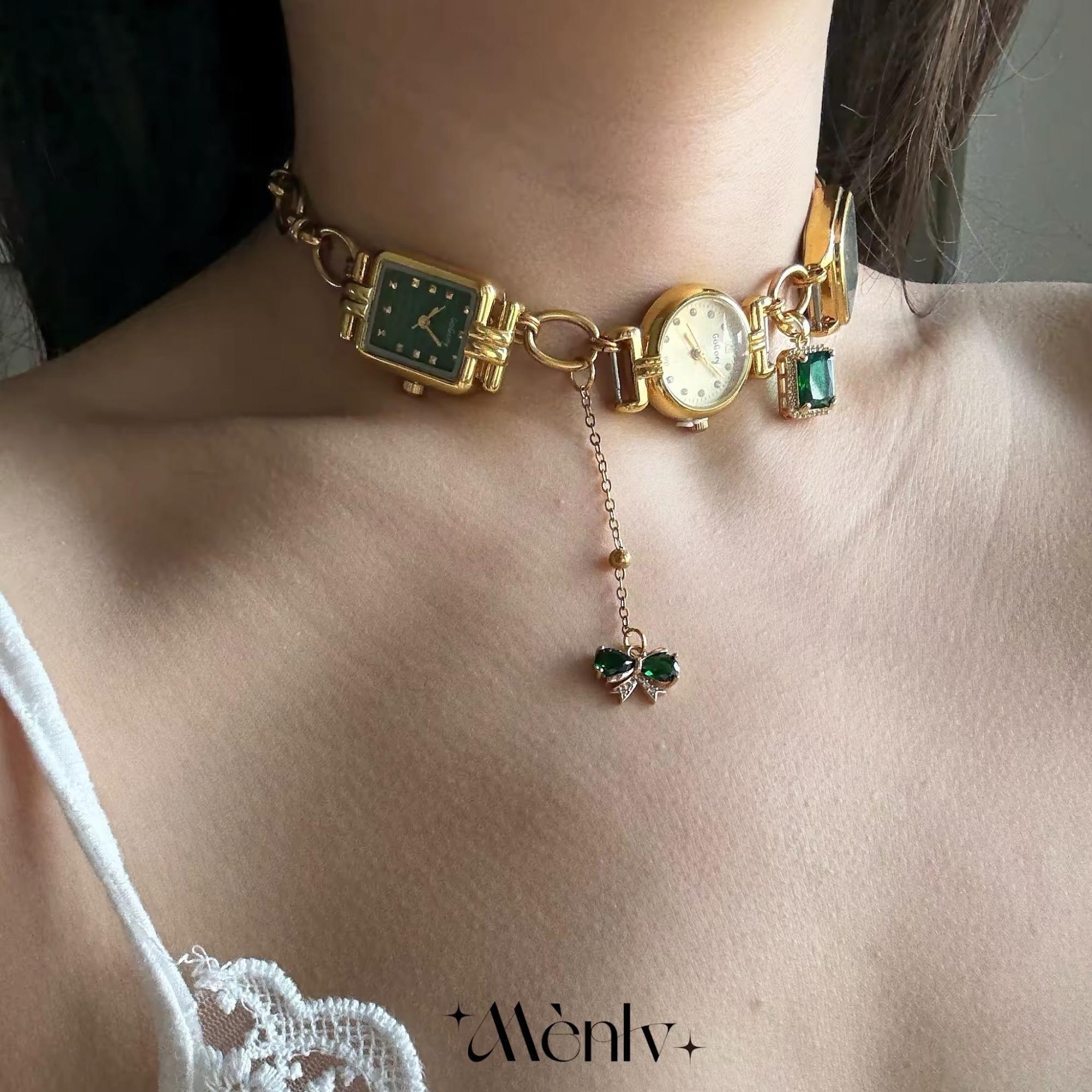 Vintage Green Watch Pendant Necklace – Zircon Accents