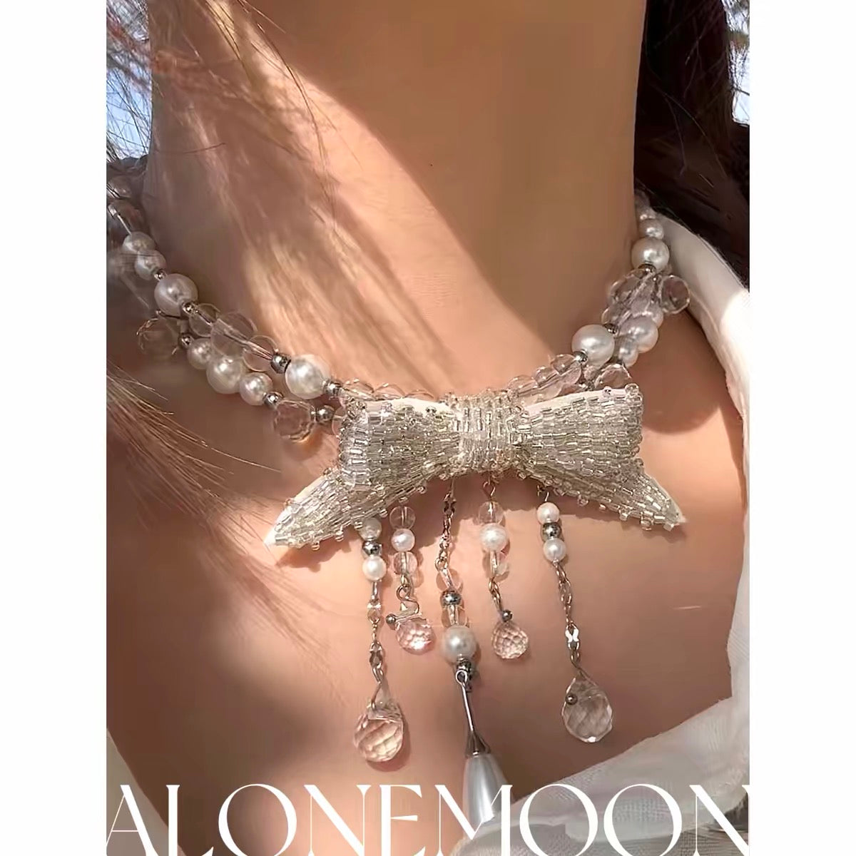 Beaded Bow Choker & Ring Set — Pearl and Crystal Drops