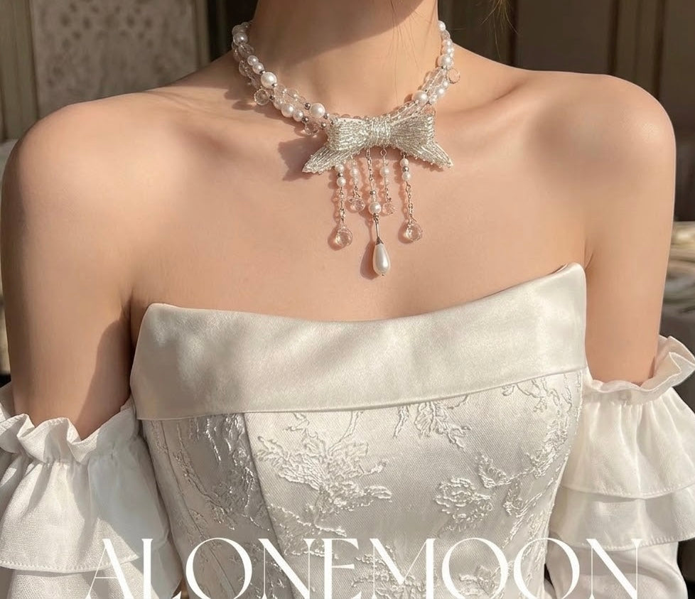 Beaded Bow Choker & Ring Set — Pearl and Crystal Drops
