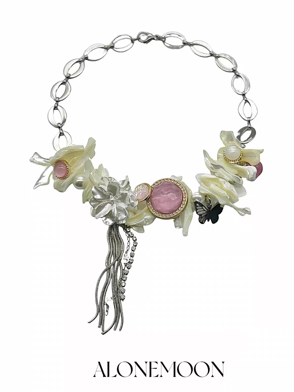 Hand-Assembled Shell Flower Choker — Enamel Lily & Pearl