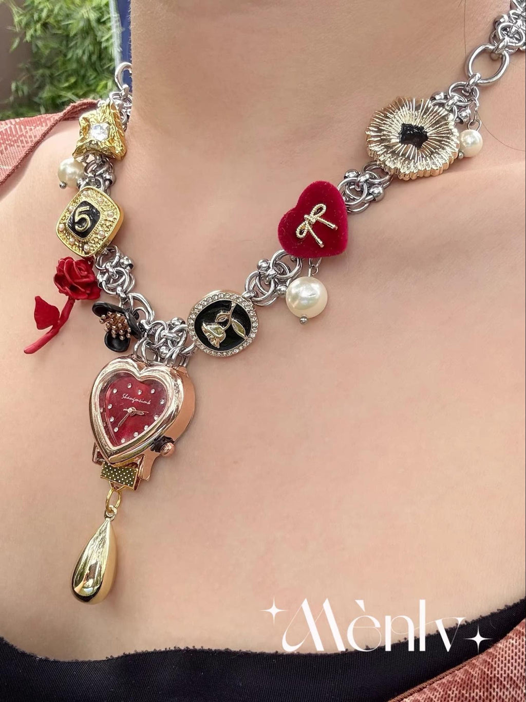 The Scarlet Hour — Vintage Charm Necklace with Heart Watch
