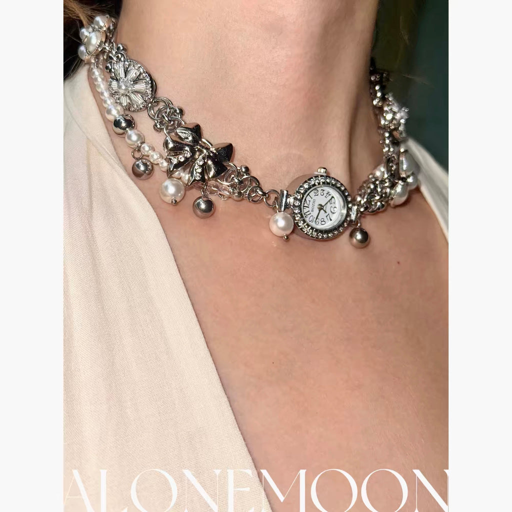The Tidal Hour — Silver Watch Choker & Layered Pearl Chains