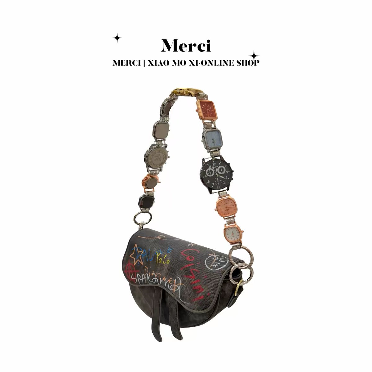 The Hour Strap Bag — Watch Face Strap Saddle Bag, Graffiti Print