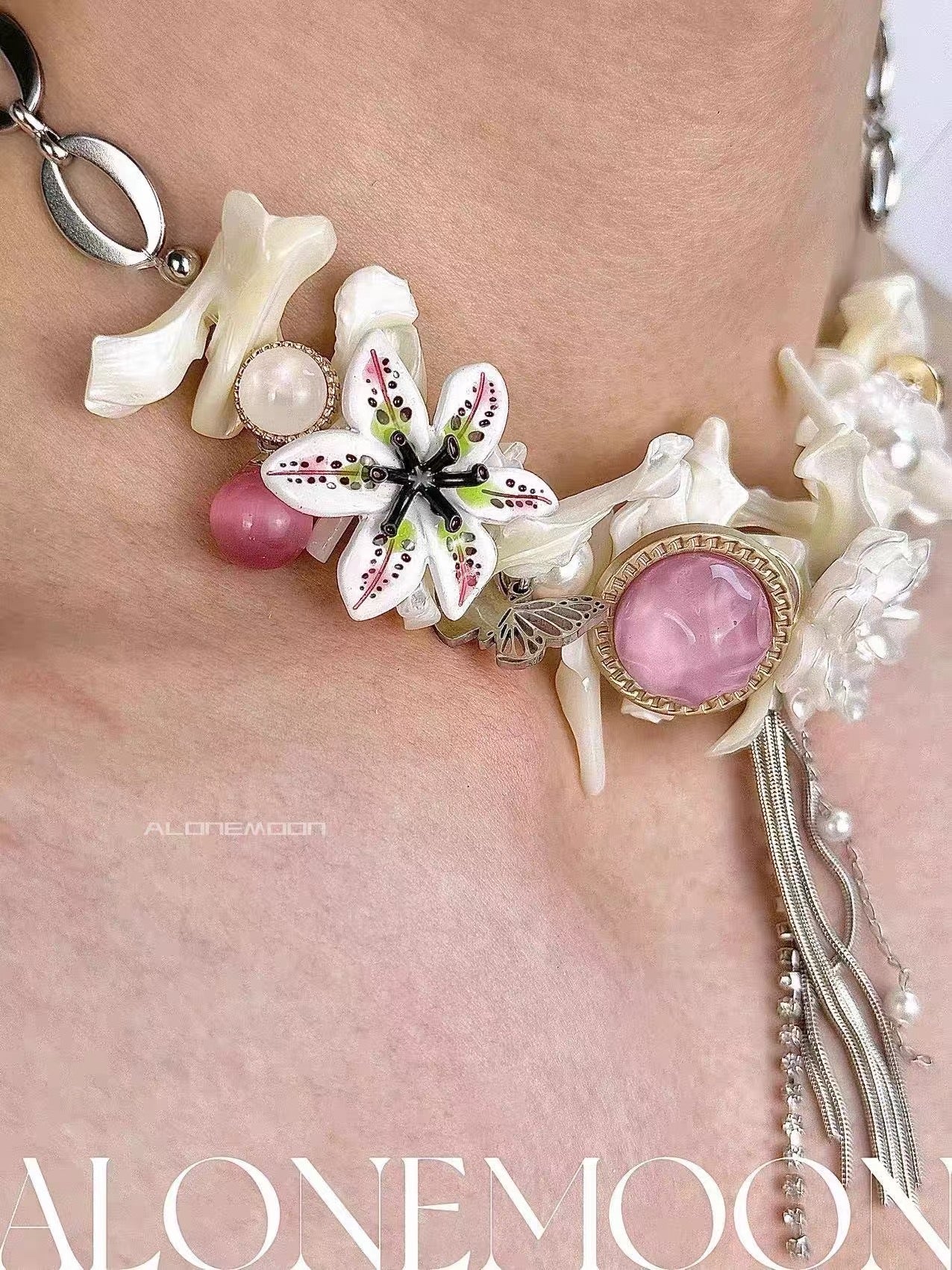 Hand-Assembled Shell Flower Choker — Enamel Lily & Pearl