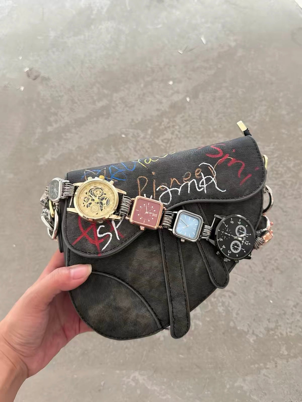 The Hour Strap Bag — Watch Face Strap Saddle Bag, Graffiti Print