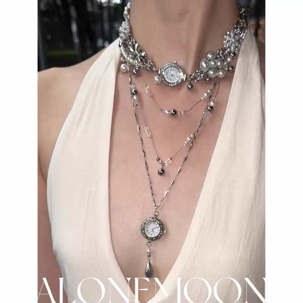 The Tidal Hour — Silver Watch Choker & Layered Pearl Chains