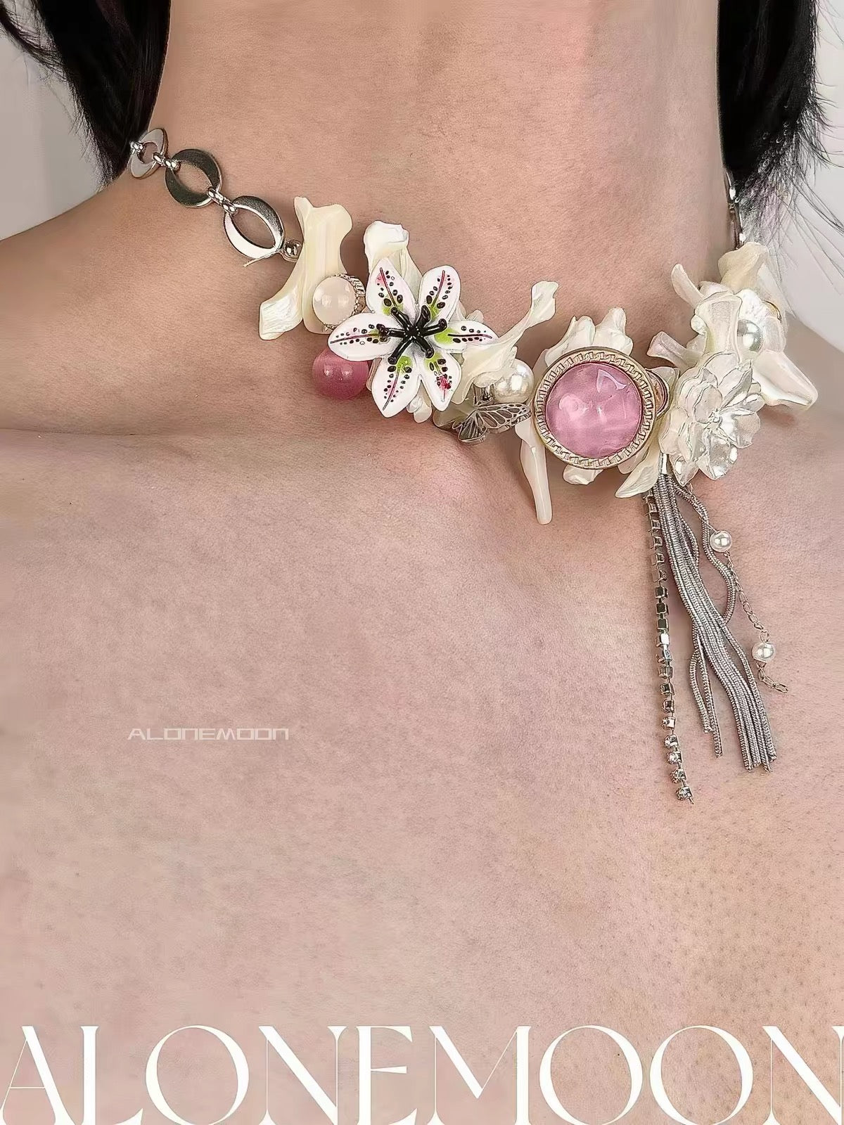 Hand-Assembled Shell Flower Choker — Enamel Lily & Pearl