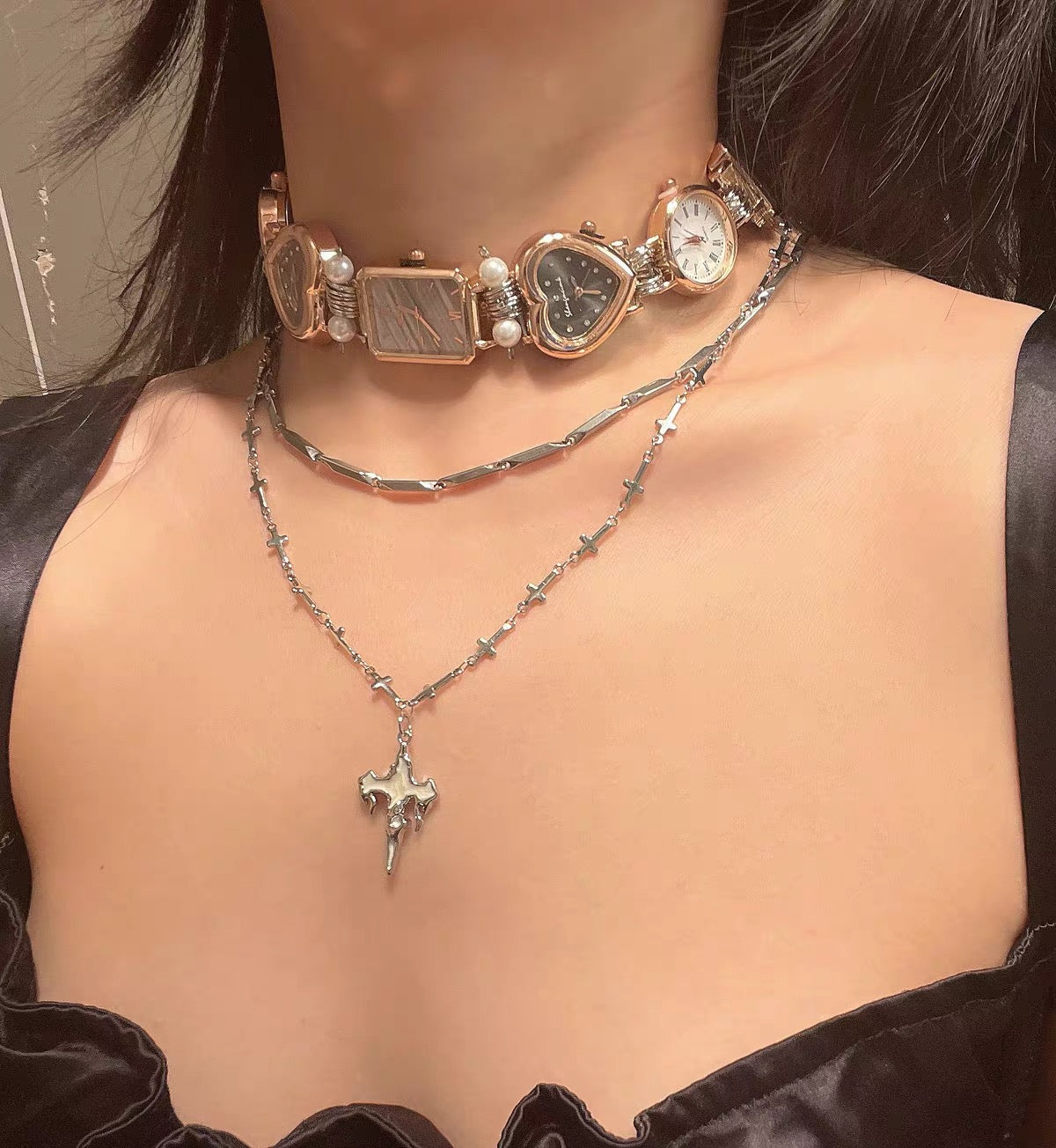 The Silver Hour — Watch Choker & Cross Chain Set