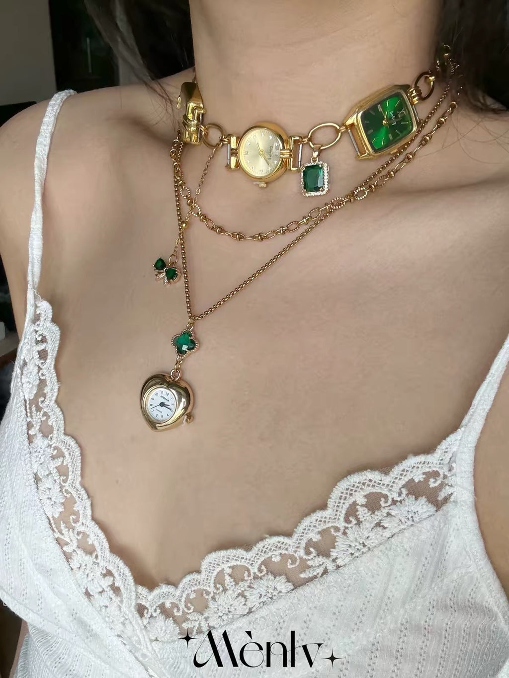 Vintage Green Watch Pendant Necklace – Zircon Accents