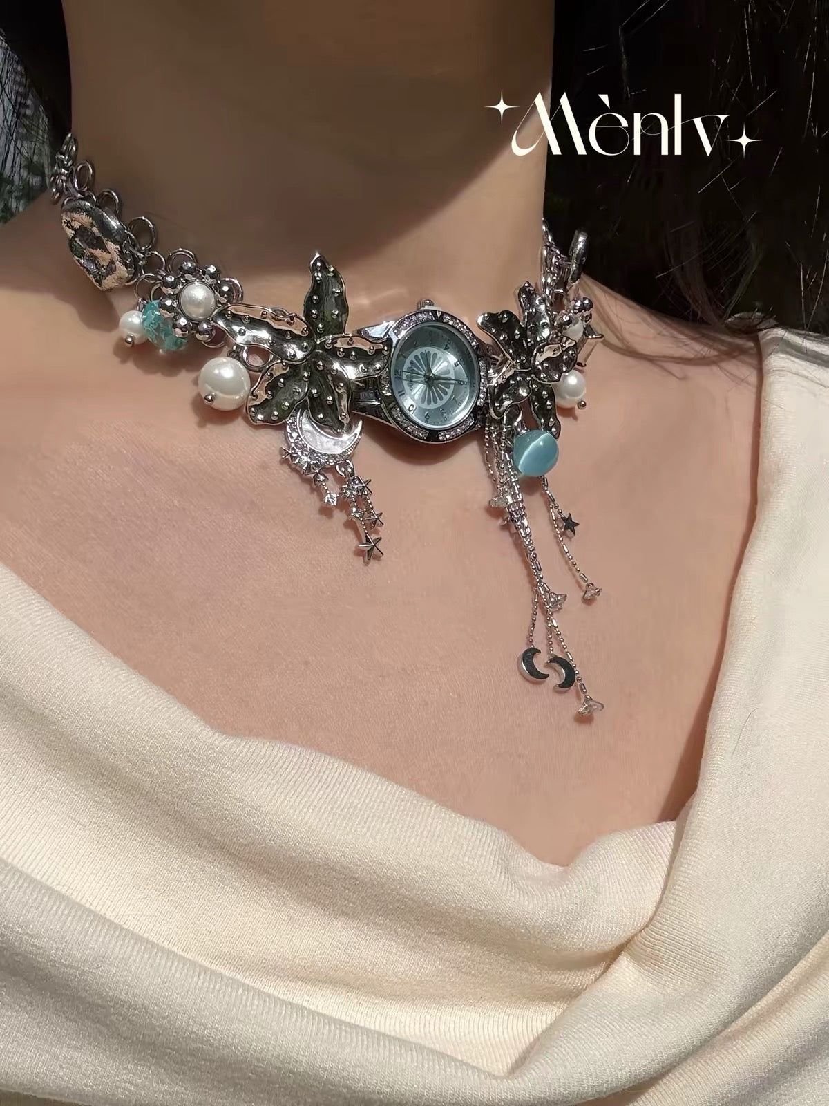 Vintage Clock Pendant Tassel Necklace – Antiqued Pearl Charm