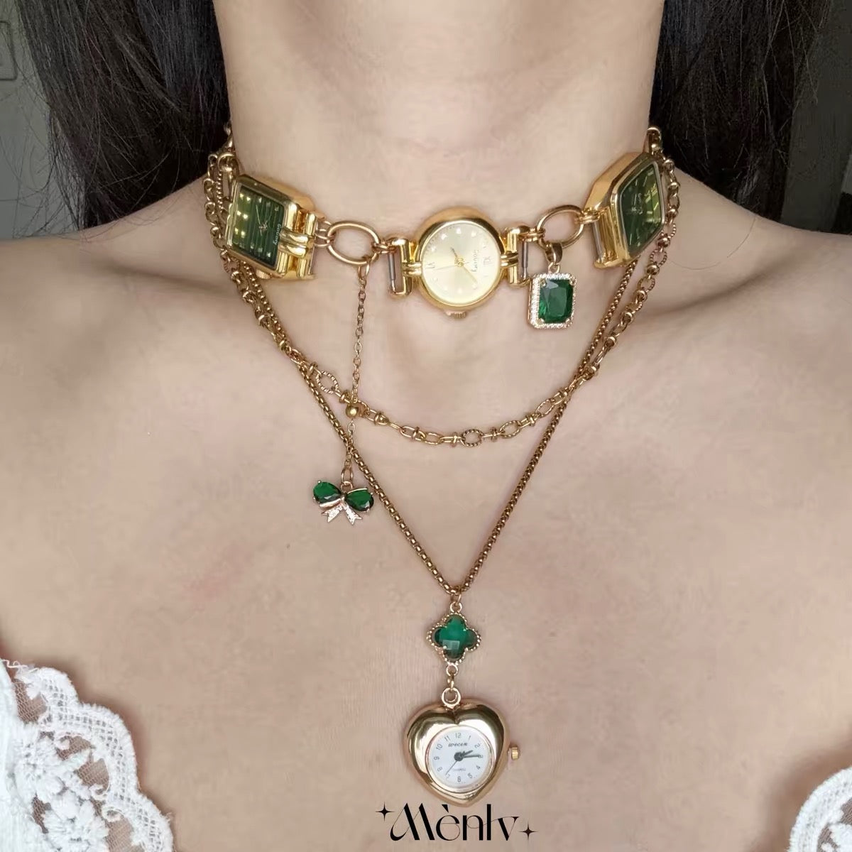 Vintage Green Watch Pendant Necklace – Zircon Accents