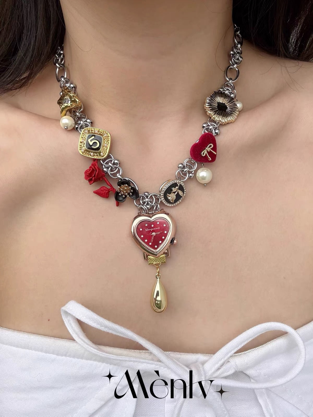 The Scarlet Hour — Vintage Charm Necklace with Heart Watch