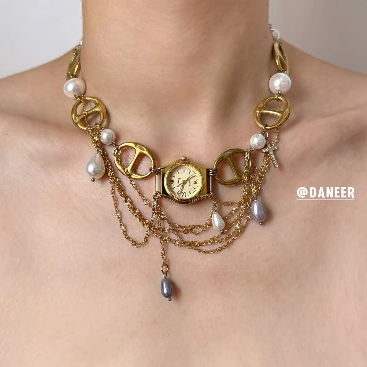The Draped Hour — Gold Watch Choker with Pearl Swags