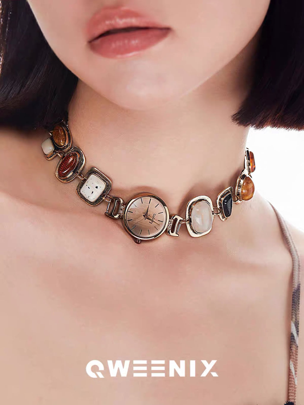 The Amber Hour — Brass Watch Choker with Stone Inlay