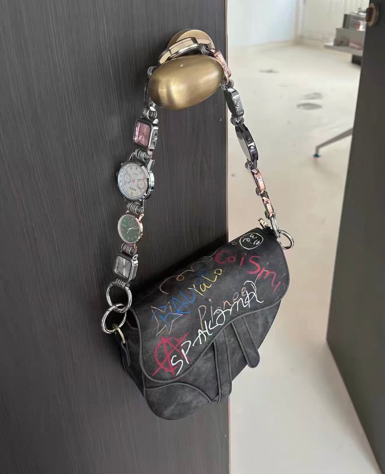 The Hour Strap Bag — Watch Face Strap Saddle Bag, Graffiti Print