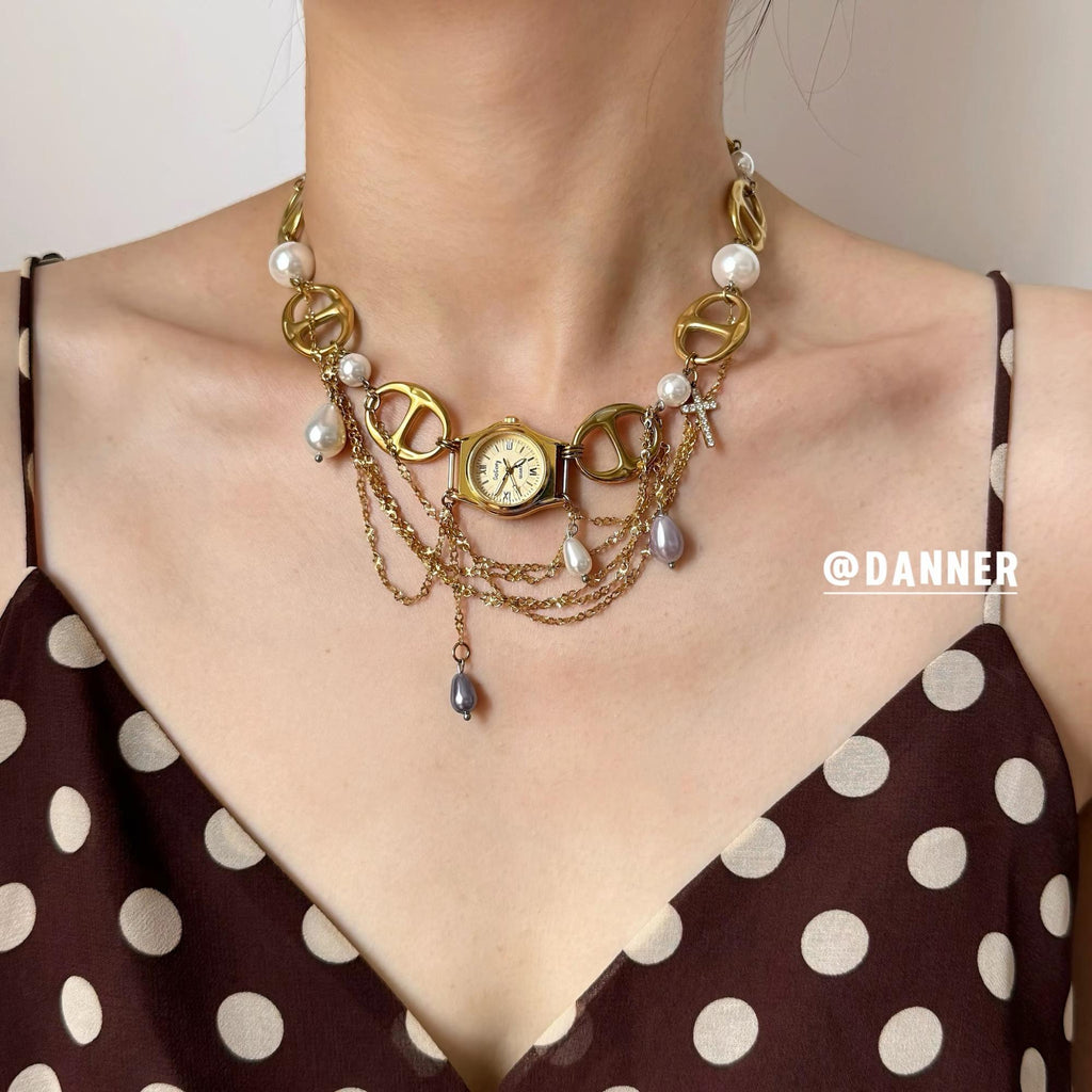 The Draped Hour — Gold Watch Choker with Pearl Swags