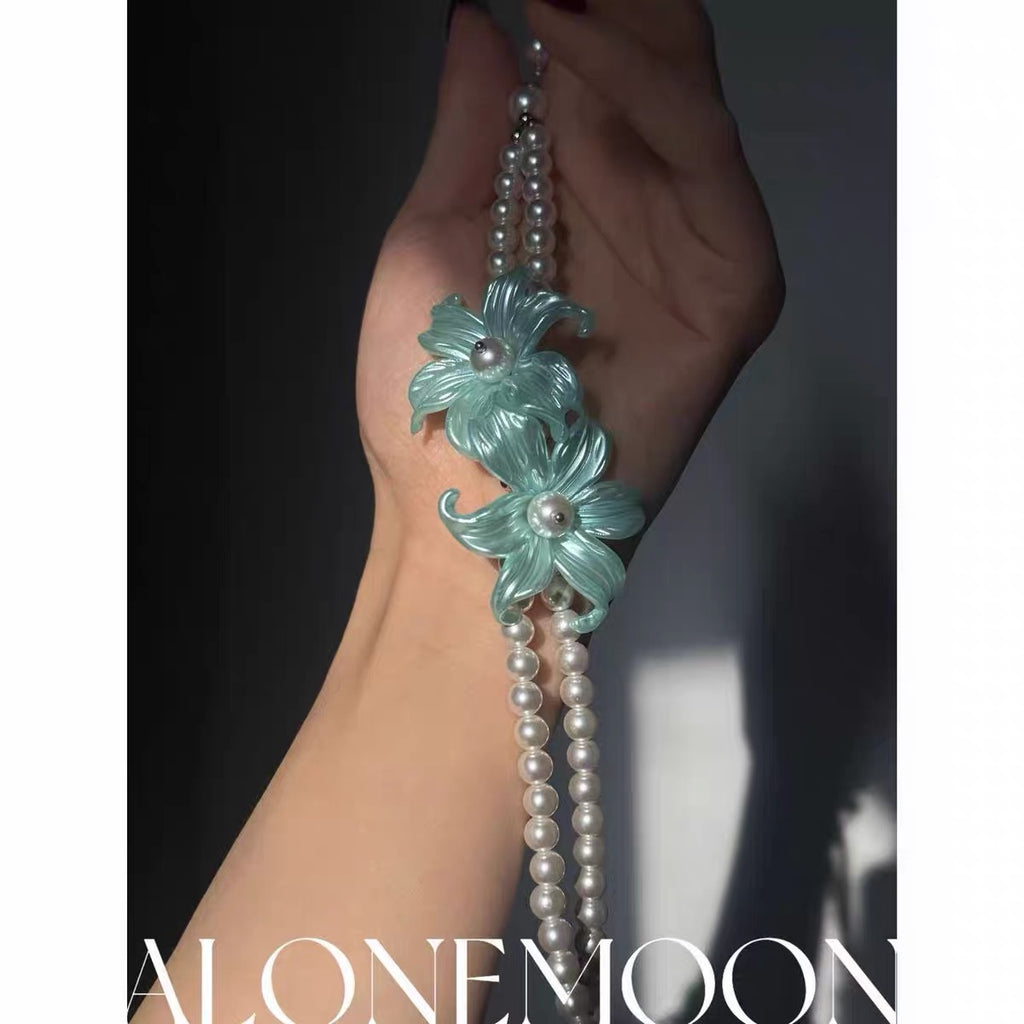 Mint Flower Choker & Ring Set — Double-Strand Pearl