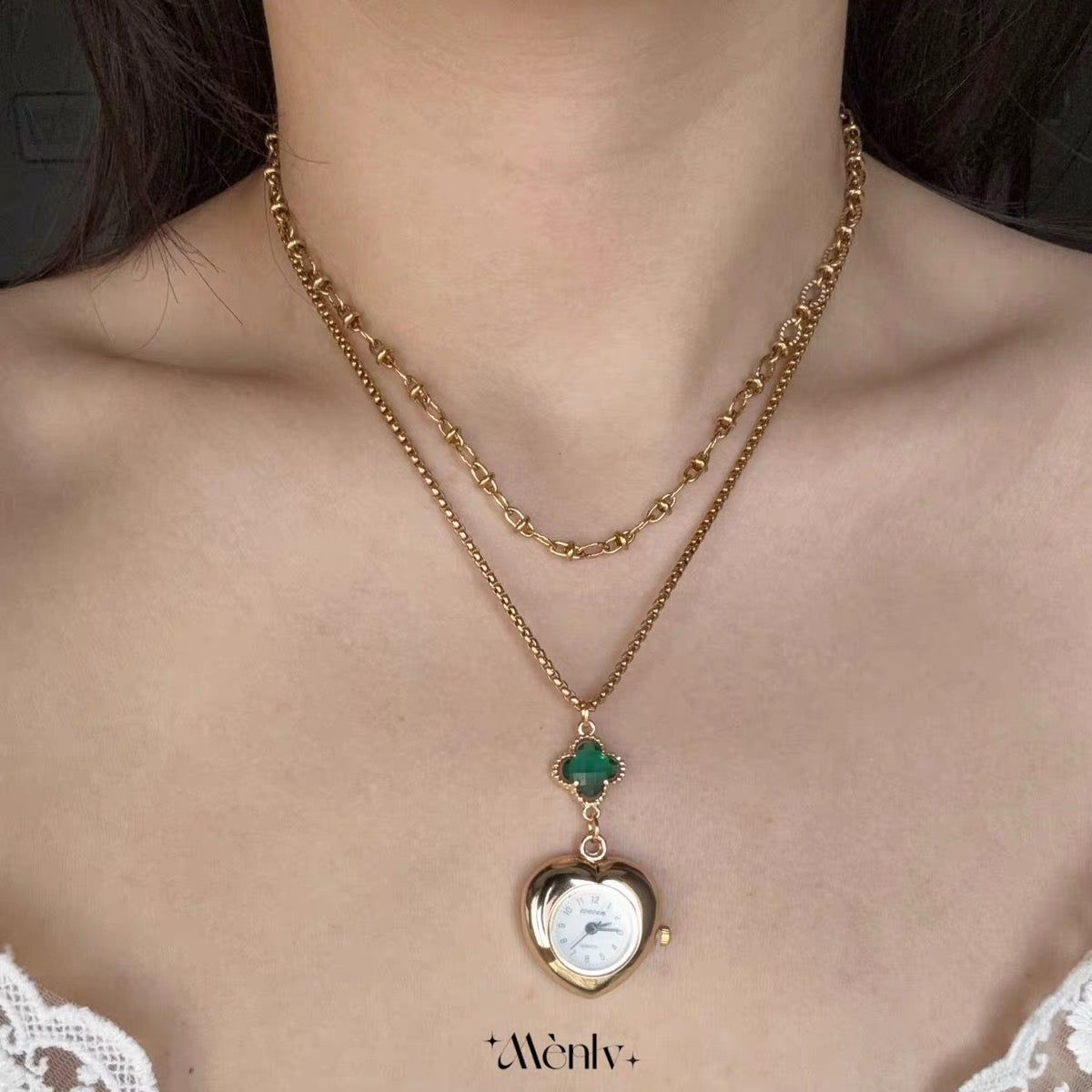 Vintage Green Watch Pendant Necklace – Zircon Accents