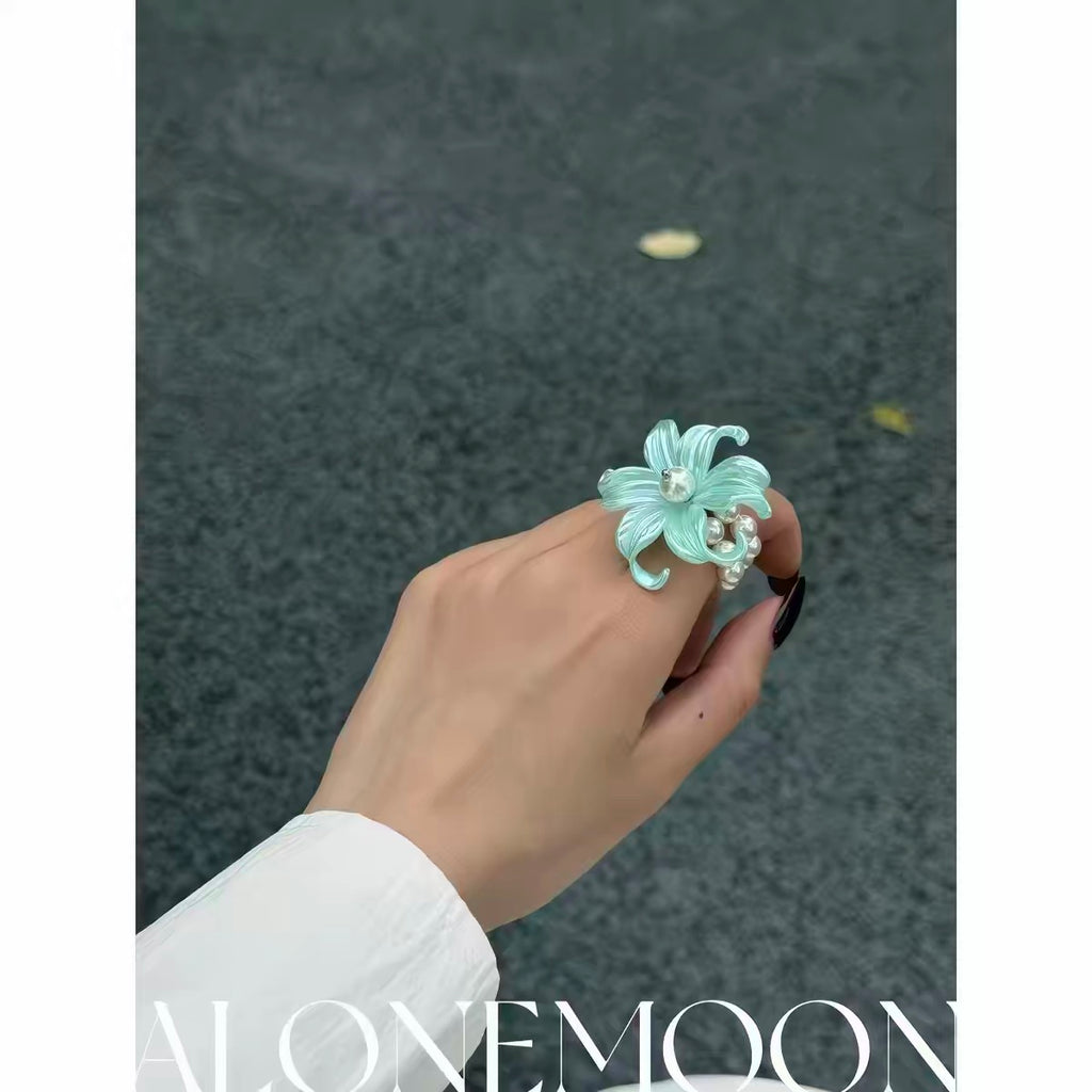 Mint Flower Choker & Ring Set — Double-Strand Pearl